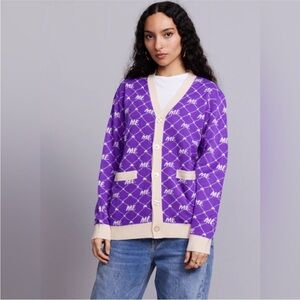 Purple and Cream Logo Cardigan Sweater NWT